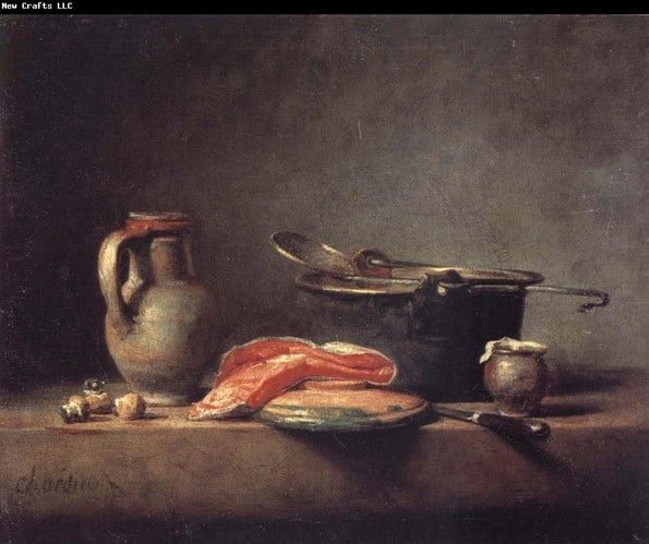 Copper Cauldron with a Pitcher and a Slice of Salmon (oil) by Jean Baptiste Simeon Chardin food photography origin